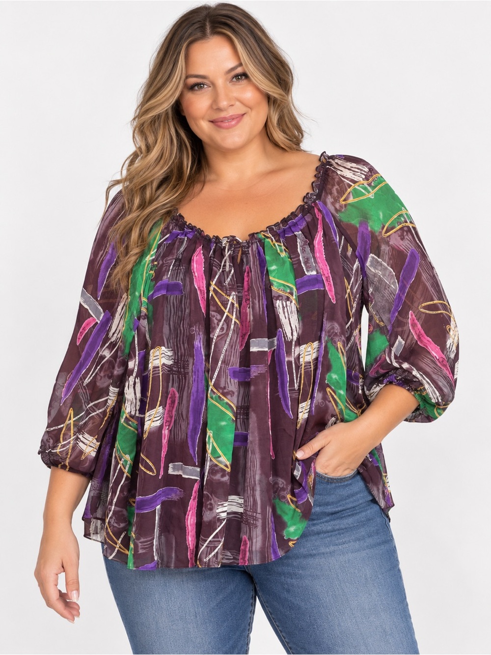 BEDO Size L Abstract Print Sheer Sleeve Tunic Blouse Boho